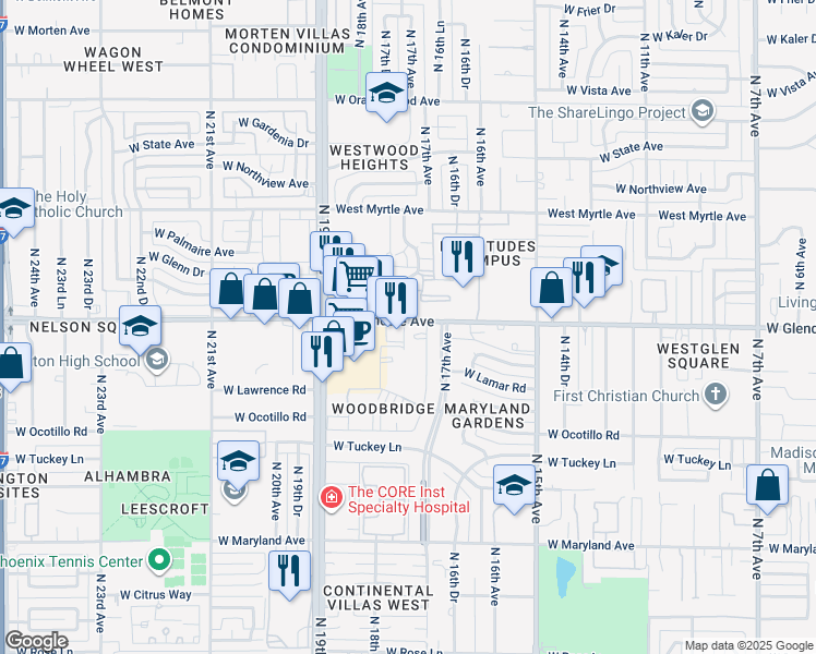 map of restaurants, bars, coffee shops, grocery stores, and more near 1 North 17th Drive in Phoenix