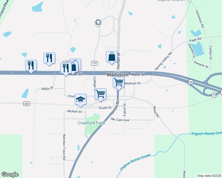 map of restaurants, bars, coffee shops, grocery stores, and more near 369 Church Street in Mathiston