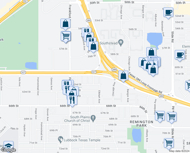 map of restaurants, bars, coffee shops, grocery stores, and more near 6101 Elmwood Avenue in Lubbock