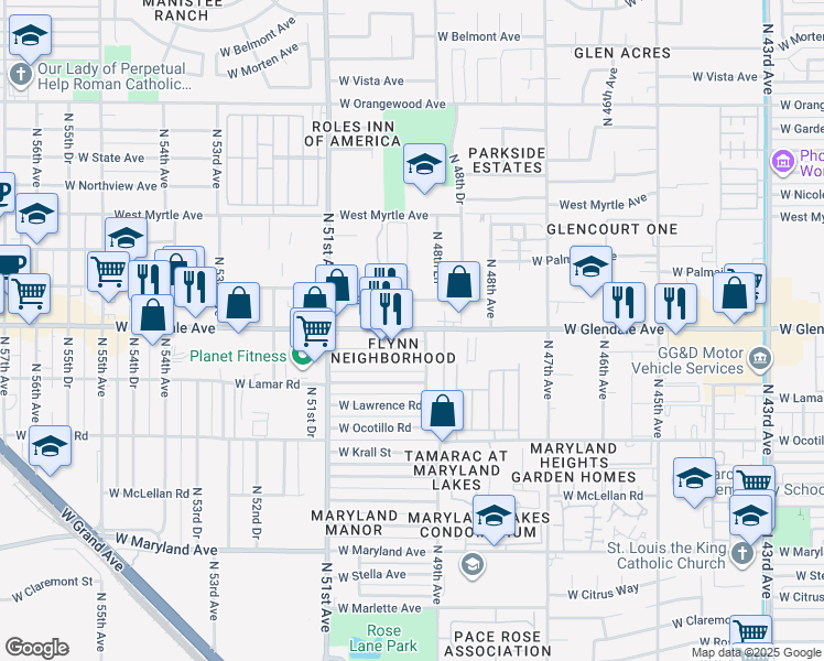 map of restaurants, bars, coffee shops, grocery stores, and more near 4911 West Glendale Avenue in Glendale