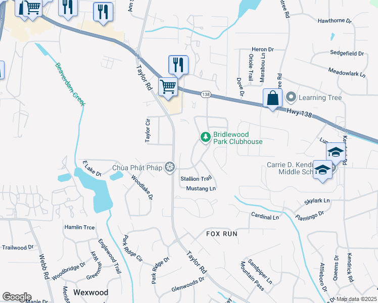 map of restaurants, bars, coffee shops, grocery stores, and more near 267 Saddleview Trail in Riverdale