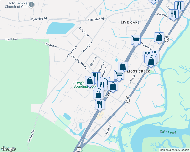map of restaurants, bars, coffee shops, grocery stores, and more near 821 Pendergrass Avenue in Murrells Inlet