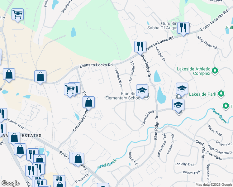 map of restaurants, bars, coffee shops, grocery stores, and more near 701 Bradford Ln in Evans