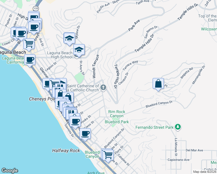 map of restaurants, bars, coffee shops, grocery stores, and more near 999 Coast View Drive in Laguna Beach