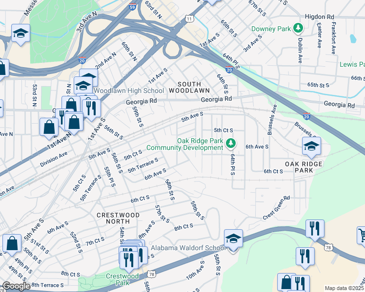 map of restaurants, bars, coffee shops, grocery stores, and more near 549 60th Place South in Birmingham