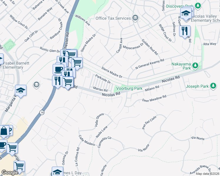 map of restaurants, bars, coffee shops, grocery stores, and more near 39557 Warbler Drive in Temecula
