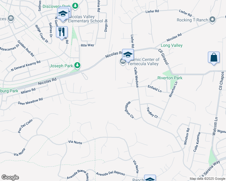 map of restaurants, bars, coffee shops, grocery stores, and more near 30925 Nicolas Road in Temecula