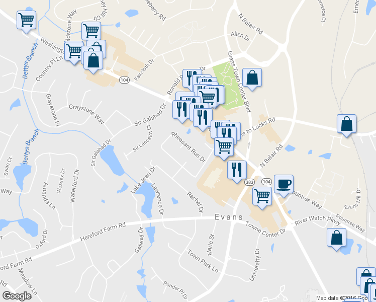 map of restaurants, bars, coffee shops, grocery stores, and more near 452 Pheasant Run Drive in Evans