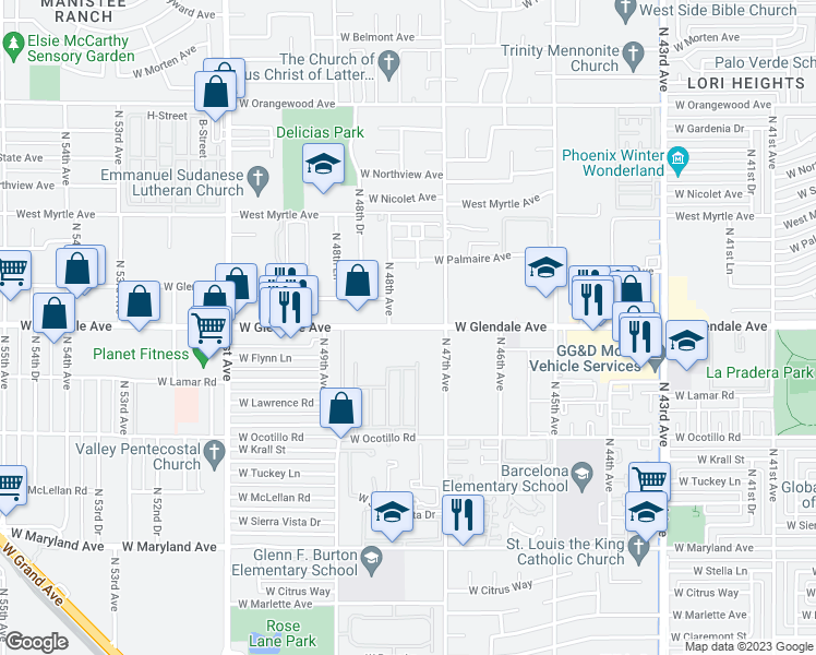 map of restaurants, bars, coffee shops, grocery stores, and more near 4751 West Glendale Avenue in Glendale