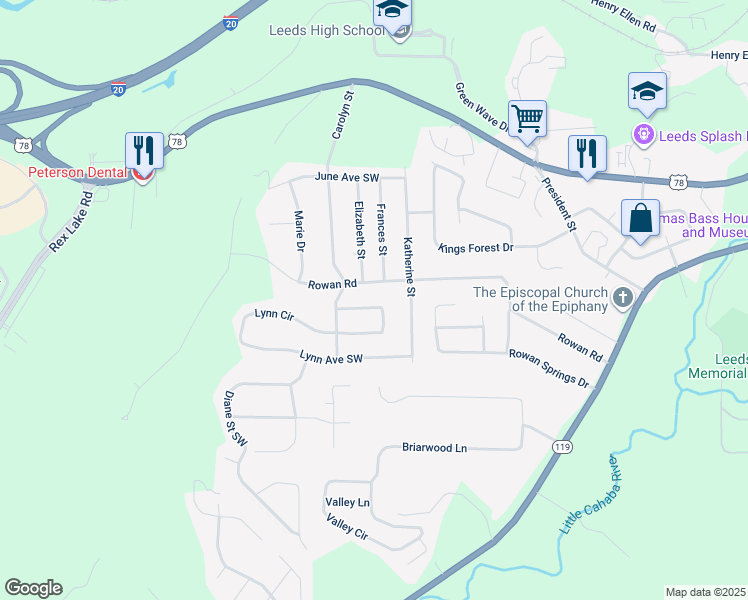 map of restaurants, bars, coffee shops, grocery stores, and more near 6627 Julia Circle in Leeds