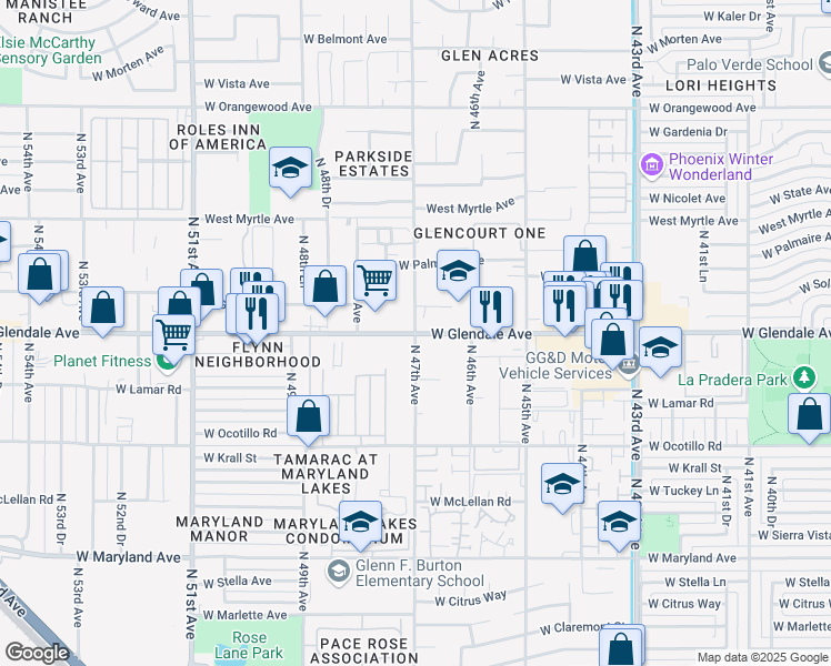 map of restaurants, bars, coffee shops, grocery stores, and more near W Glendale Ave & N 47th Ave in Glendale