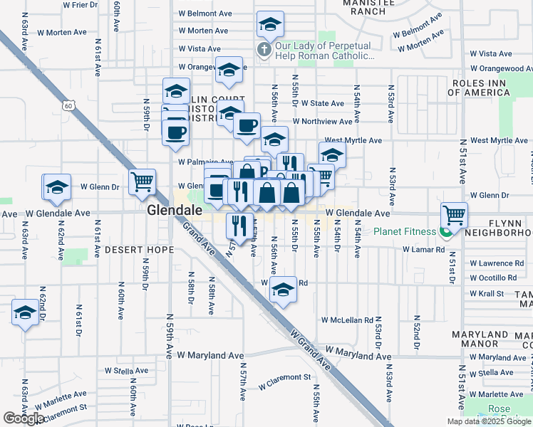 map of restaurants, bars, coffee shops, grocery stores, and more near 5609 W Glendale Ave in Glendale