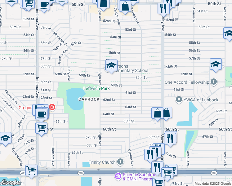 map of restaurants, bars, coffee shops, grocery stores, and more near t2805 61st Street in Lubbock