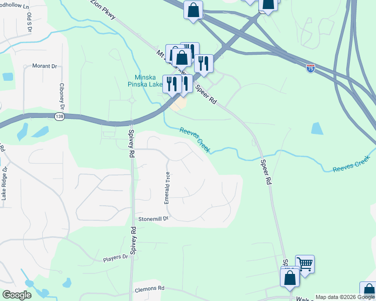 map of restaurants, bars, coffee shops, grocery stores, and more near 217 Reeves Creek Way in Jonesboro