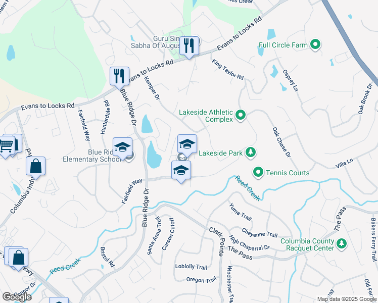 map of restaurants, bars, coffee shops, grocery stores, and more near 533 Blue Ridge Drive in Evans