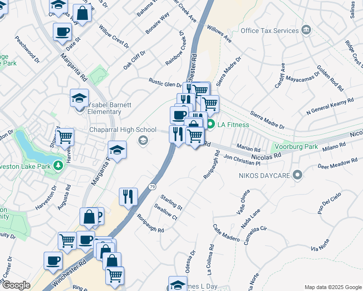 map of restaurants, bars, coffee shops, grocery stores, and more near 40212 Winchester Road in Temecula