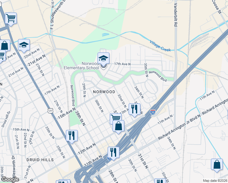 map of restaurants, bars, coffee shops, grocery stores, and more near 1426 32nd Street North in Birmingham