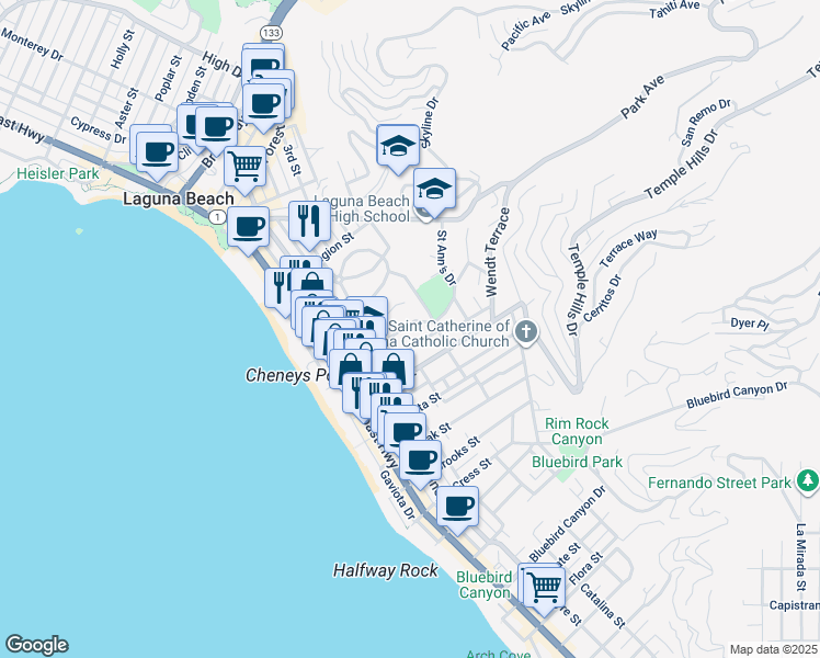 map of restaurants, bars, coffee shops, grocery stores, and more near 521 Saint Ann's Drive in Laguna Beach