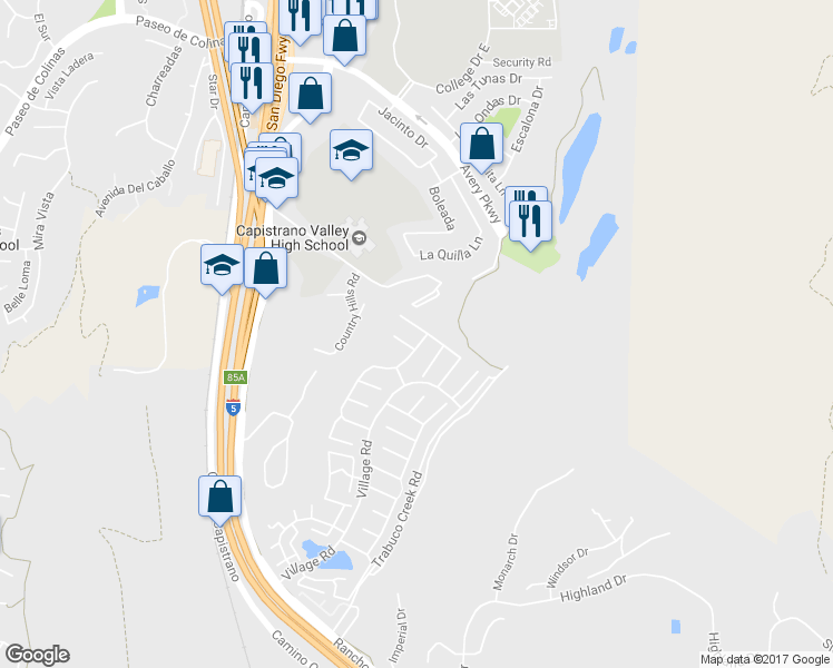 map of restaurants, bars, coffee shops, grocery stores, and more near 26512 Briarwood Lane in San Juan Capistrano