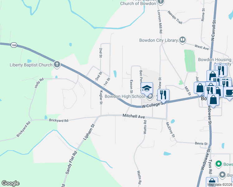 map of restaurants, bars, coffee shops, grocery stores, and more near 734 West College Street in Bowdon