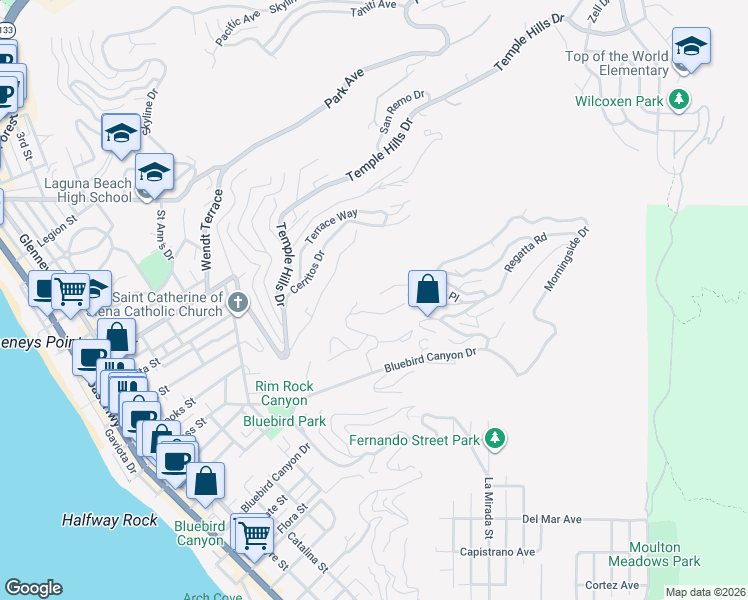 map of restaurants, bars, coffee shops, grocery stores, and more near 1005 Madison Place in Laguna Beach