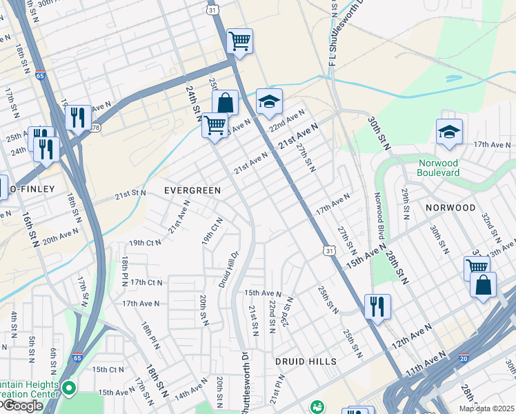 map of restaurants, bars, coffee shops, grocery stores, and more near 2413 19th Avenue North in Birmingham