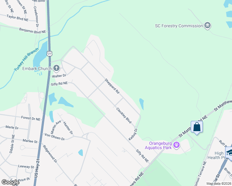 map of restaurants, bars, coffee shops, grocery stores, and more near 1237 Sheppard Road in Orangeburg