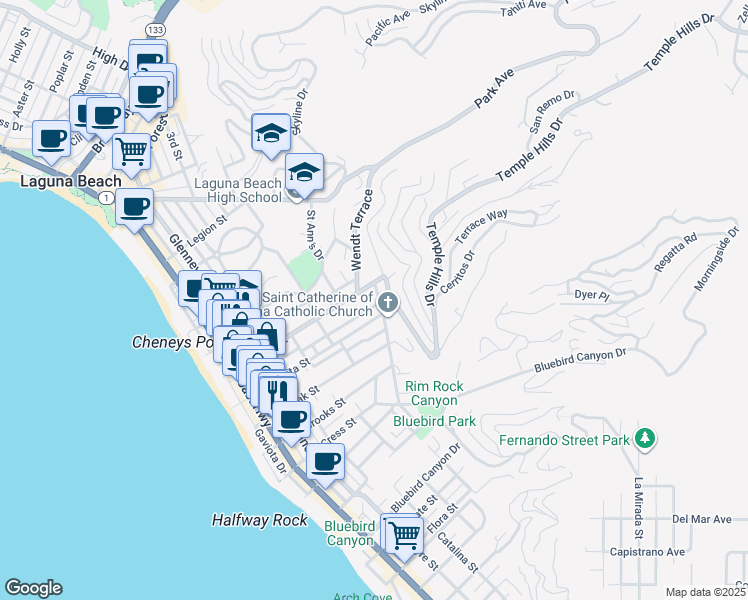 map of restaurants, bars, coffee shops, grocery stores, and more near 941 Temple Terrace in Laguna Beach