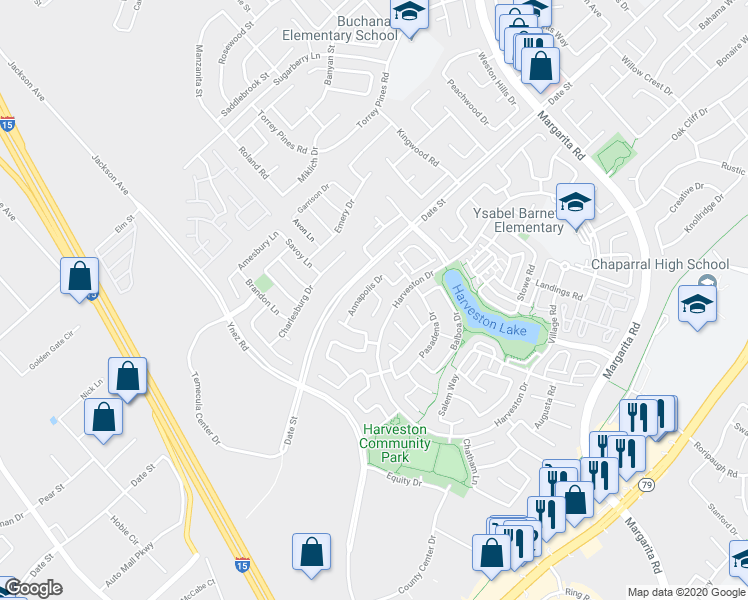 map of restaurants, bars, coffee shops, grocery stores, and more near 40129 Canton Court in Temecula