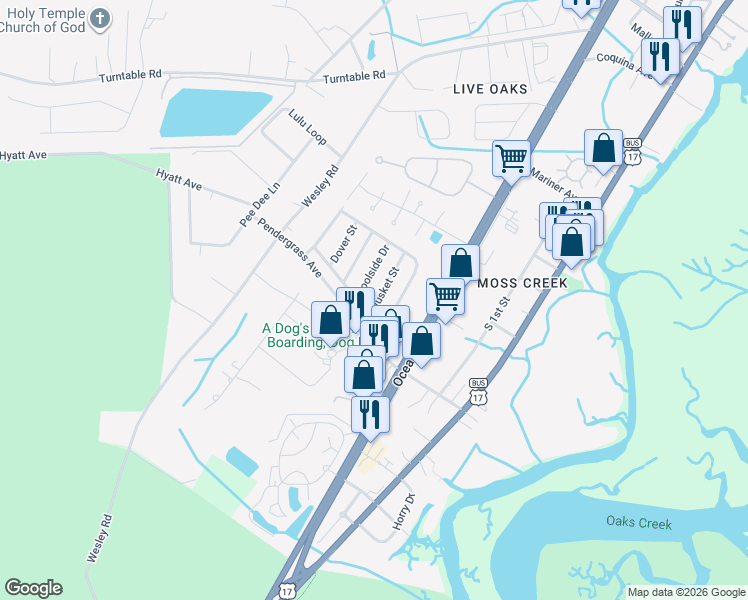 map of restaurants, bars, coffee shops, grocery stores, and more near 7 Musket Street in Murrells Inlet