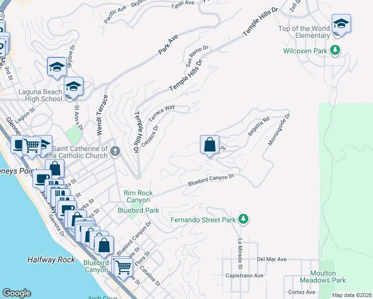 map of restaurants, bars, coffee shops, grocery stores, and more near 1015 Madison Place in Laguna Beach