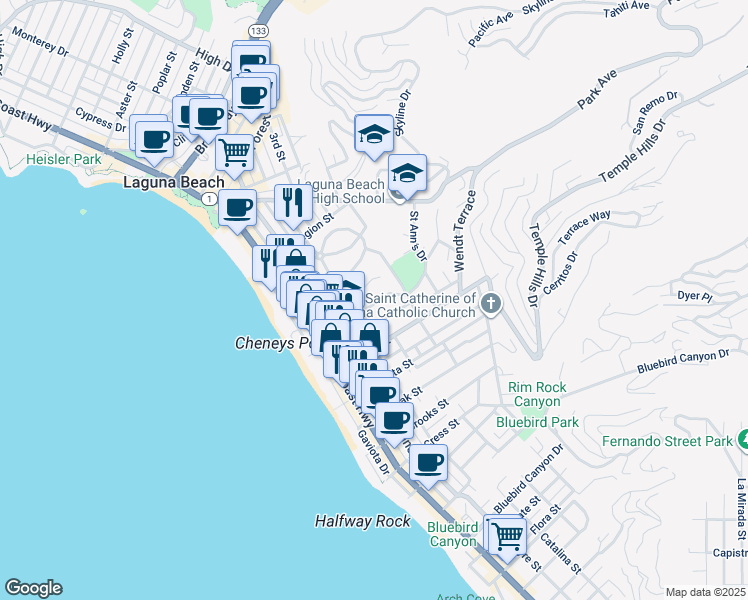 map of restaurants, bars, coffee shops, grocery stores, and more near 460 Saint Ann's Drive in Laguna Beach