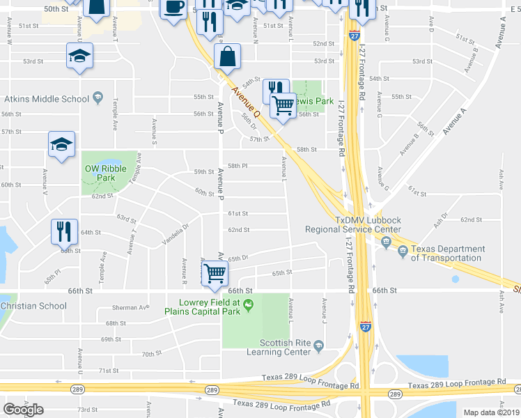 map of restaurants, bars, coffee shops, grocery stores, and more near 1316 61st Street in Lubbock