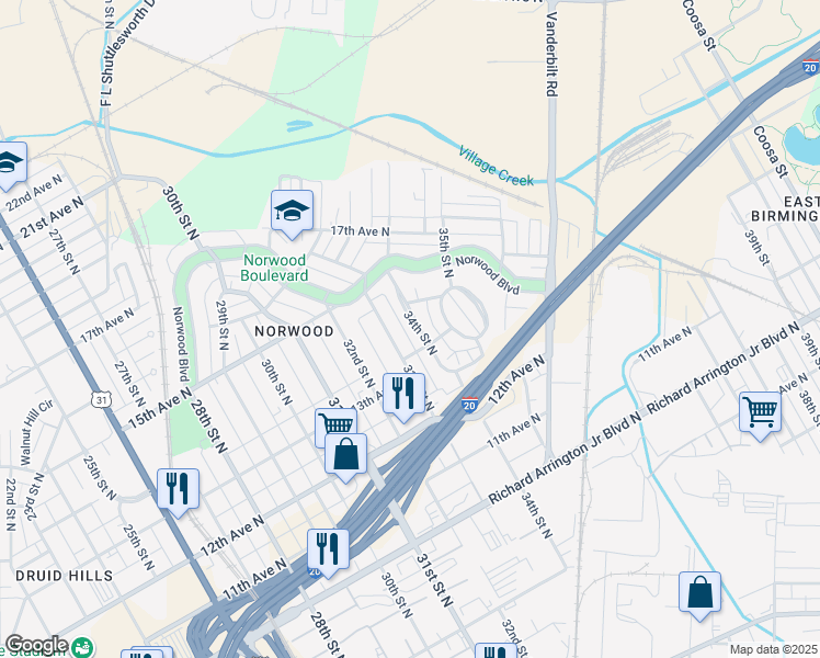 map of restaurants, bars, coffee shops, grocery stores, and more near 1414 34th Street North in Birmingham
