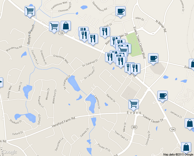 map of restaurants, bars, coffee shops, grocery stores, and more near 483 Pheasant Run Drive in Evans