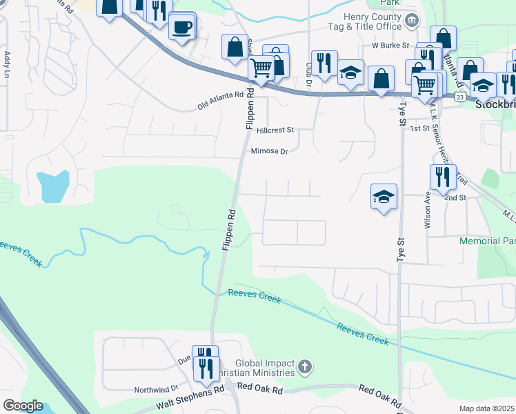 map of restaurants, bars, coffee shops, grocery stores, and more near 402 Fairhaven Court in Stockbridge