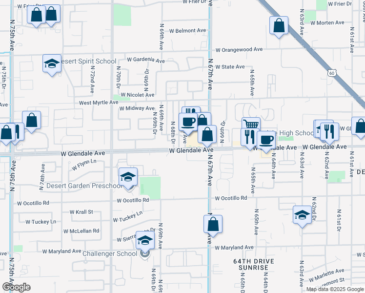 map of restaurants, bars, coffee shops, grocery stores, and more near 7002 North 68th Drive in Glendale