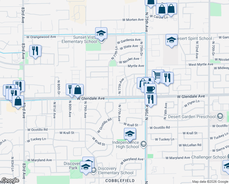 map of restaurants, bars, coffee shops, grocery stores, and more near 7018 North 77th Drive in Glendale