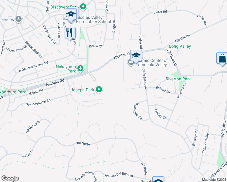 map of restaurants, bars, coffee shops, grocery stores, and more near 30925 Nicolas Road in Temecula