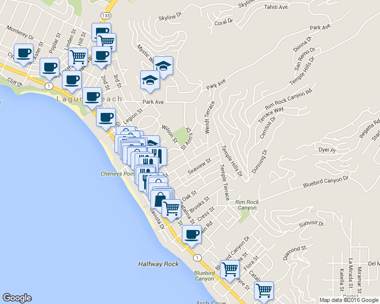 map of restaurants, bars, coffee shops, grocery stores, and more near 635 Cuprien Way in Laguna Beach