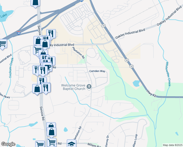 map of restaurants, bars, coffee shops, grocery stores, and more near 103 Greenwood Trace in Fairburn