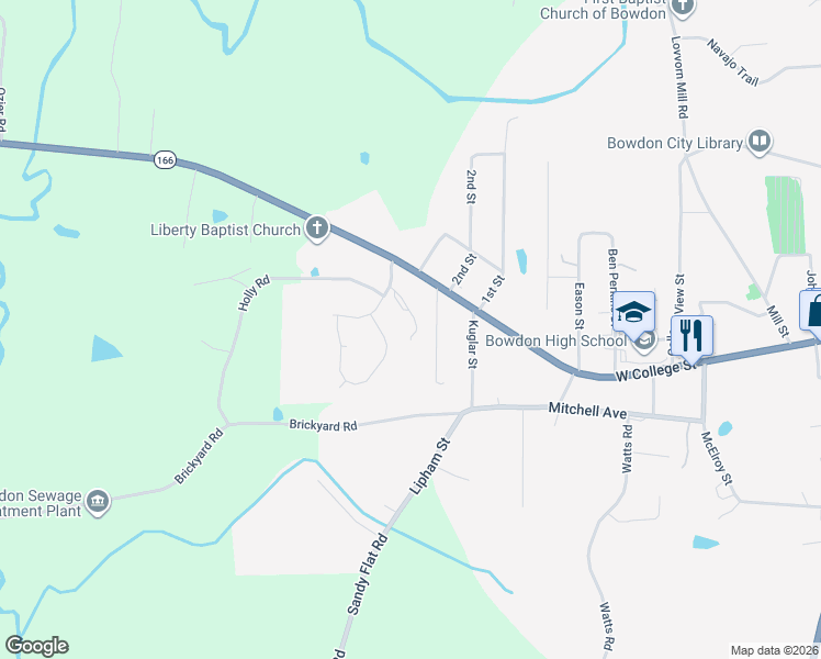 map of restaurants, bars, coffee shops, grocery stores, and more near 114 Huey Drive in Bowdon