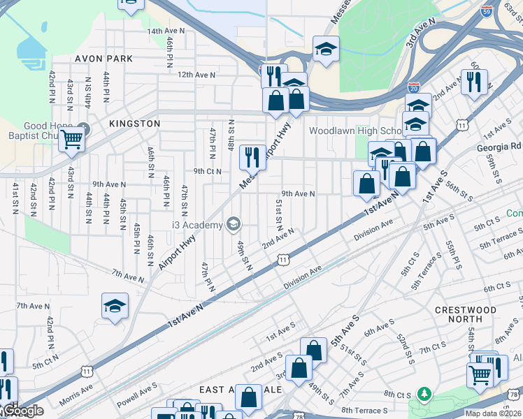 map of restaurants, bars, coffee shops, grocery stores, and more near 821 50th Street North in Birmingham