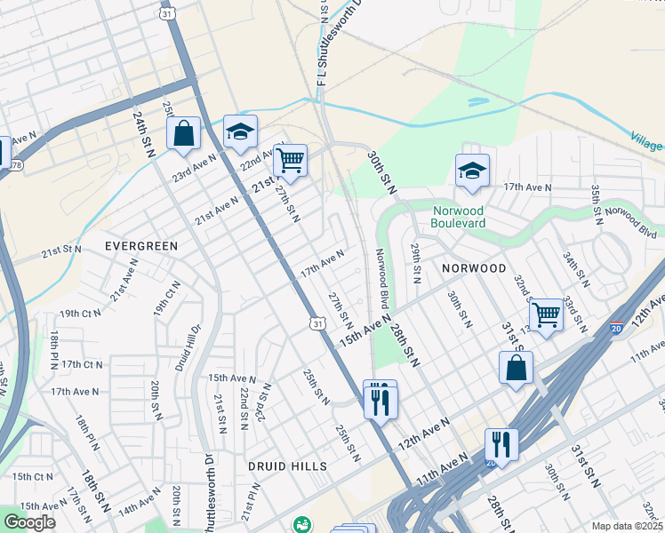 map of restaurants, bars, coffee shops, grocery stores, and more near 1645 27th Street North in Birmingham