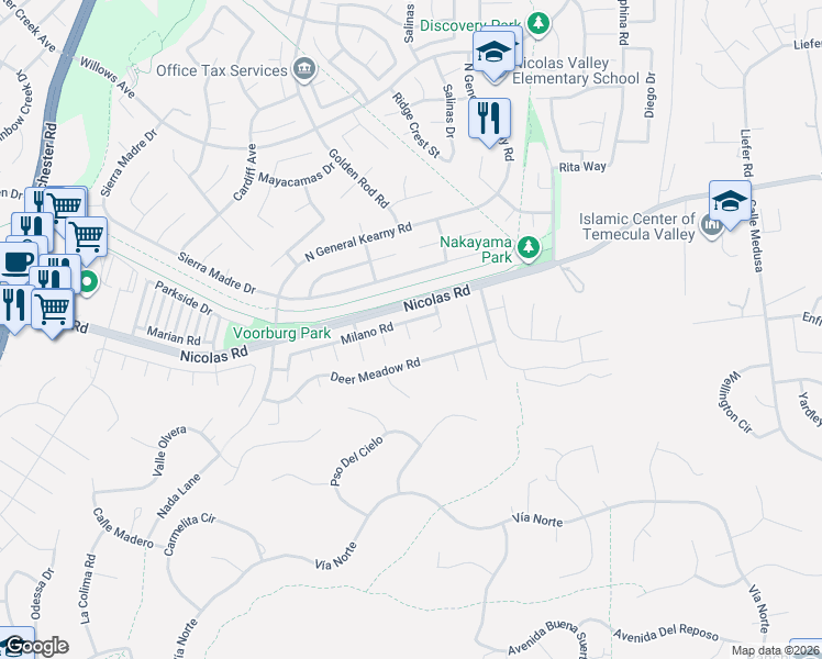 map of restaurants, bars, coffee shops, grocery stores, and more near 40086 Roshani Drive in Temecula