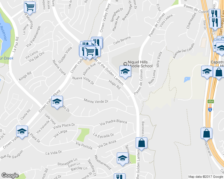 map of restaurants, bars, coffee shops, grocery stores, and more near 25261 Nueva Vista Drive in Laguna Niguel
