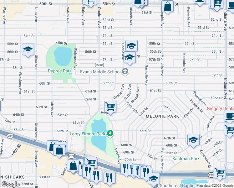 map of restaurants, bars, coffee shops, grocery stores, and more near 6016 Orlando Ave in Lubbock