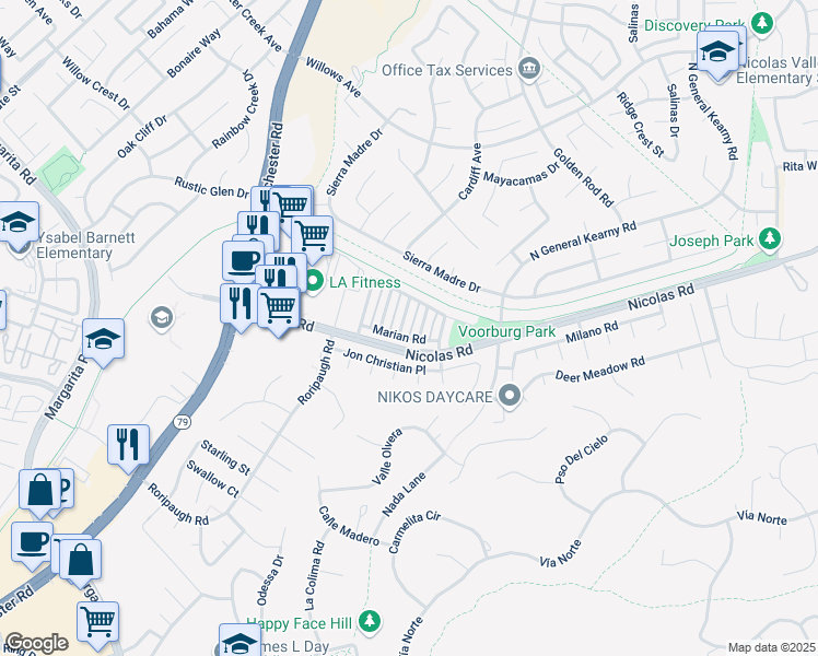 map of restaurants, bars, coffee shops, grocery stores, and more near 39566 Sarah Drive in Temecula