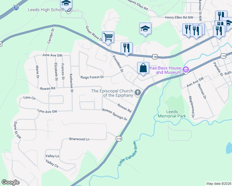 map of restaurants, bars, coffee shops, grocery stores, and more near 7257 Cahawba Lane in Leeds