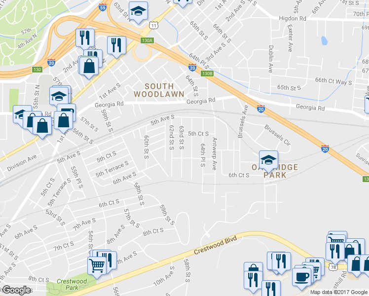 map of restaurants, bars, coffee shops, grocery stores, and more near 563 63rd Street South in Birmingham